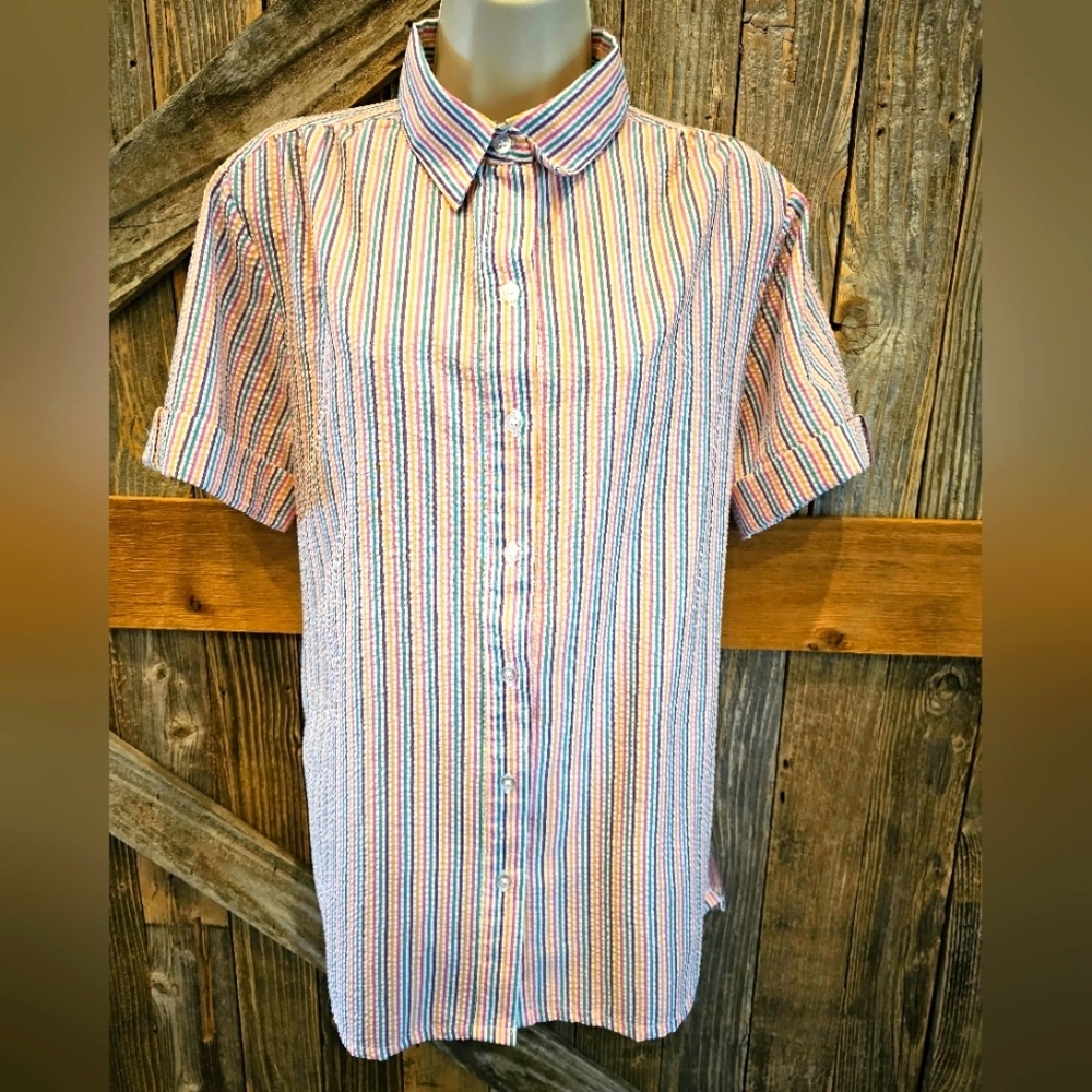 Vintage Rainbow Seersucker Womens Short Sleeve Button Up Medium Boca Bay   EUC ^